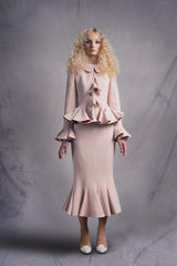 old rose pencil skirt and jacket set, wavy hem and handmade lilies