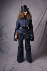 Dark blue jeans with a notable 3D striped corset design