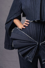 Dark blue jeans with a notable 3D striped corset design
