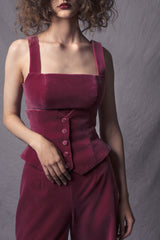 raspberry pink velvet women suit set with buttoned corset