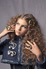 crop denim jacket adorned with cotton thread appliqués for girls