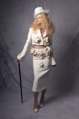 women suit set with 3d flowers, crop jacket and pencil skirt with slits