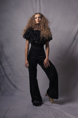 Black wide-leg velvet trousers with crop top with roses for girls
