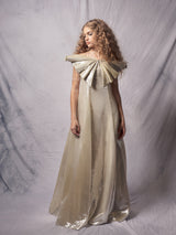 shinny gown for kids with large butterfly on the front and crystal beads fringe