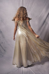 shinny long gown for kids with crystal beads fringe