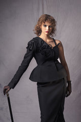 black asymmetric Basque jacket with 3d velvet flower