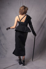 black high-waisted fitted skirt featuring a silk velvet flared slit