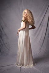 empire style white silk gown with metal flowers