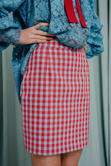 couture for teens Above-the-knee pencil skirt with a contrasting plaid pattern.