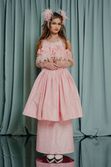 couture for teens Full floor length skirt with two layers in silk taffeta. The upped layer opens like a gorgeous flower over the A line silhouette under layer that is embellished with sparkling crystals .