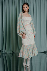 couture clothing maxi dress with tweed ruffle and tweed bishop sleeve