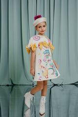 bespoke for kids Playful hand-painted silk denim dress with a silk lining