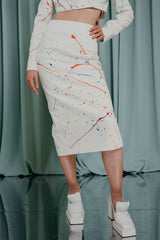 couture for teens Playful pencil midi skirt with joyful splashes of colour hand-painted by Anna Kustikova.