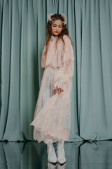 couture clothing for kids Dreamy layered midi dress with a high neckline and ostrich feather trim around the two button cuffs