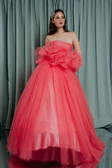couture clothing Royal full length strapless ball gown in tulle with a 100 % silk satin lining