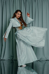 Aquamarine Gracious wide-leg silk lined trousers. Luxury couture clothing