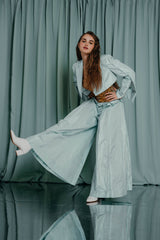 Luxury couture clothing, Aquamarine trousers with an amber-embroidered bodice