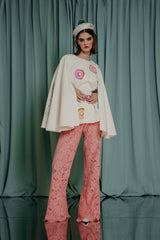 bespoke for kids guipure lace trousers with a 100 % silk lining in a beautiful coral