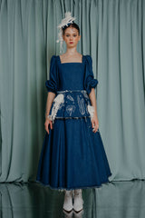couture for teens Denim midi dress in deep blue with puffy bishop sleeves