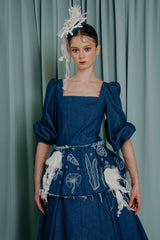 Luxury clothing for girls Denim midi dress in deep blue with puffy bishop sleeves
