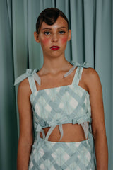 Cropped silk denim top with weaved silk details enhancing the texture and creating a nuanced play of tone-in-tone shades. luxury kids clothing