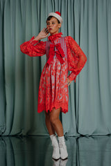 couture for teens Scarlet red lace above the knee dress with ruffled Spanish collar and pleated lace cuffs