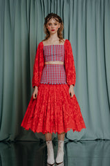 bespoke for kids Gorgeous ruby coral lace drop-waist midi skirt with a corset bodice laced on either side in the back. A distressed trim detail