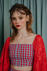 couture for teens Cropped top with hook fastening in the front, ruby coral lace bishop sleeves