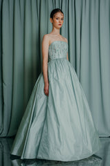 aristocrat kids gowns gown with a twist! Majestic classic full length princess ball gown in light silk taffeta, slightly high-waisted. A pastel green lagoon colour
