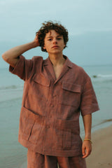 Oversized linen safari shirt with four pockets.