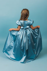 Ocean blue silk, full-skirt princess gown.