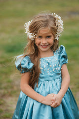 Ocean blue silk, full-skirt princess gown.