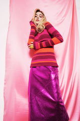 Statement shiny genuine leather pencil midi skirt in hot pink