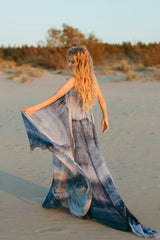 Elegantly soft, sea goddess silk gown adorned with a beautiful hand-embroidered seagull in the front.