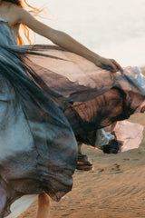 Elegantly soft, sea goddess silk gown adorned with a beautiful hand-embroidered seagull in the front.