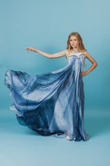 Elegantly soft, sea goddess silk gown adorned with a beautiful hand-embroidered seagull in the front.