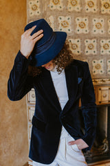 Melange velvet single-breasted jacket with coated velvet buttons.