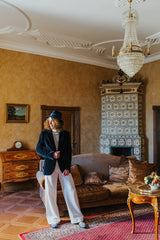 Melange velvet single-breasted jacket with coated velvet buttons.