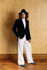 Melange velvet single-breasted jacket with coated velvet buttons.