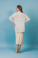 Gracious soft white, transparent organza blouse without buttons.