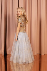 Luxurious pale blue ball gown with hand braided upper part