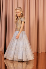 Luxurious pale blue ball gown with hand braided upper part