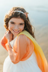 Silk headband with hand-embroidered goldfish made of crystals, beads, and silk details.