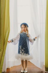 Lake blue velvet shift dress with white chiffon bishop sleeves and crystal embroidered velvet cuffs.