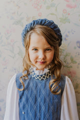 Lake blue velvet shift dress with white chiffon bishop sleeves and crystal embroidered velvet cuffs.