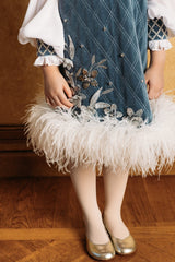 Lake blue velvet shift dress with white chiffon bishop sleeves and crystal embroidered velvet cuffs.