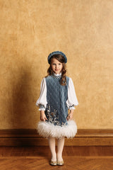 Lake blue velvet shift dress with white chiffon bishop sleeves and crystal embroidered velvet cuffs.