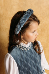 Lake blue velvet shift dress with white chiffon bishop sleeves and crystal embroidered velvet cuffs.