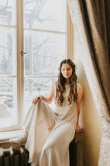 Shimmering creamy crystal embroidered blouse with soft organza and silk lining.