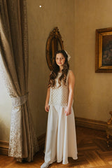 Shimmering creamy crystal embroidered blouse with soft organza and silk lining.